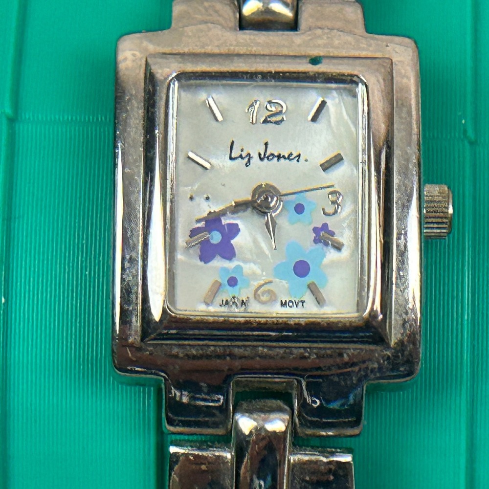 Liz Jones Womens Silver Tone Square Floral Dial Japan Movt Link Bracelet Watch